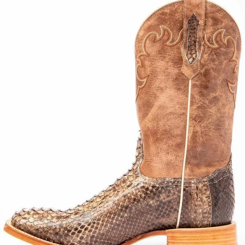 Men Vintage Brown Distressed Leather Western Cowboy Boots Snake Print Square Toe Mid-Calf Booties Wood Block Heel Retro Footwear
