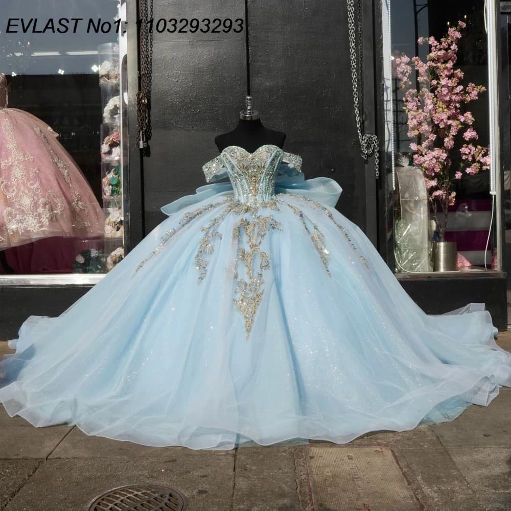EVLAST Personalizzato Principessa Blu Abito di Sfera Abito Quinceanera Applique In Rilievo Fiocco di Cristallo Dolce 16 Abiti Da 15 Anos E1QN71