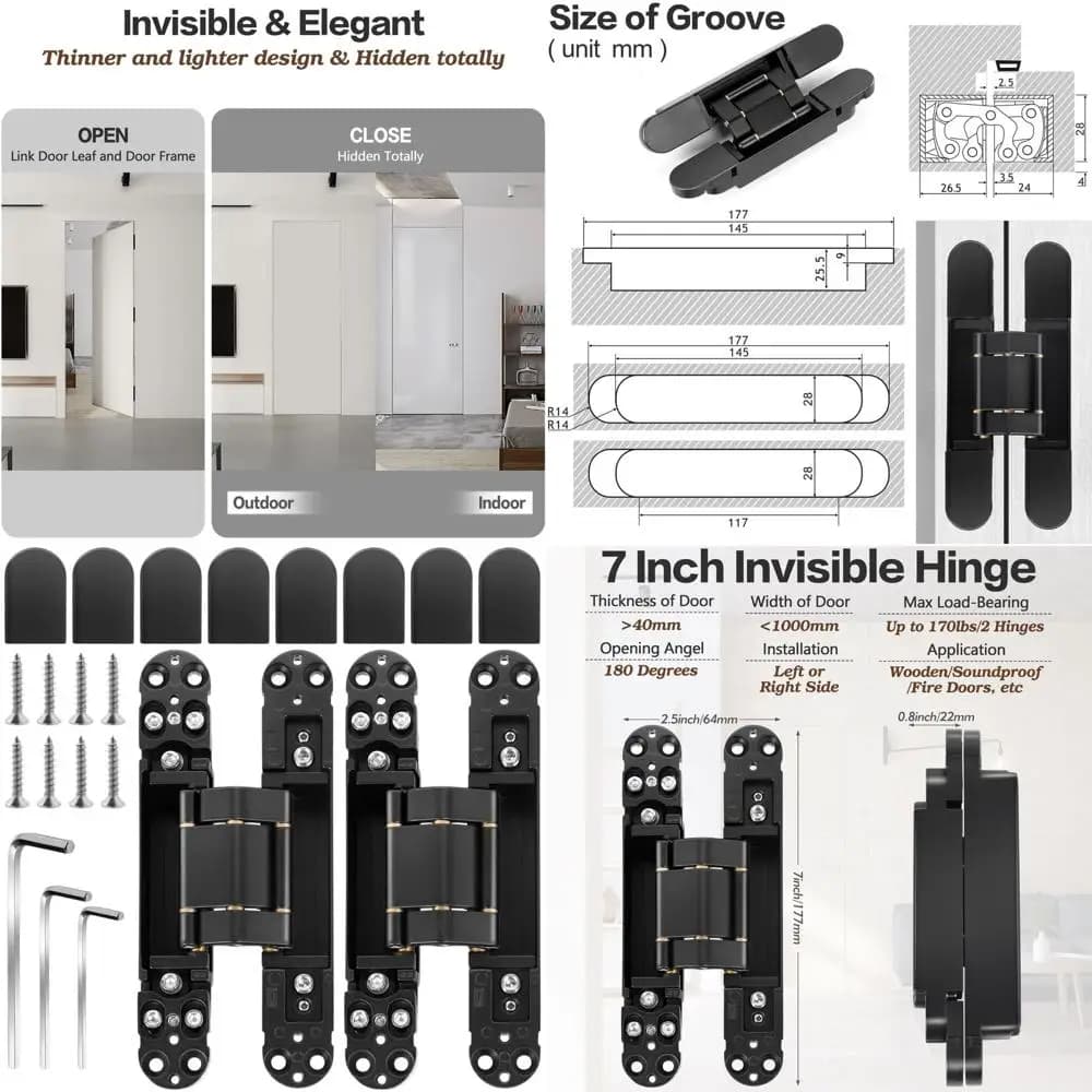 7 inch stainless steel concealed door hinges for 180 degree opening, adjustable in 3 directions, resistant, support up to 170 pounds