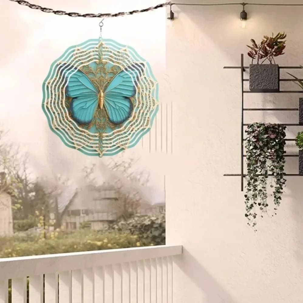 "Vibrant Summer Metal Wind Chime | 360° Rotating Blue-Golden Butterfly Windmill | Outdoor Garden Decor with Breezy Kinetic Art
