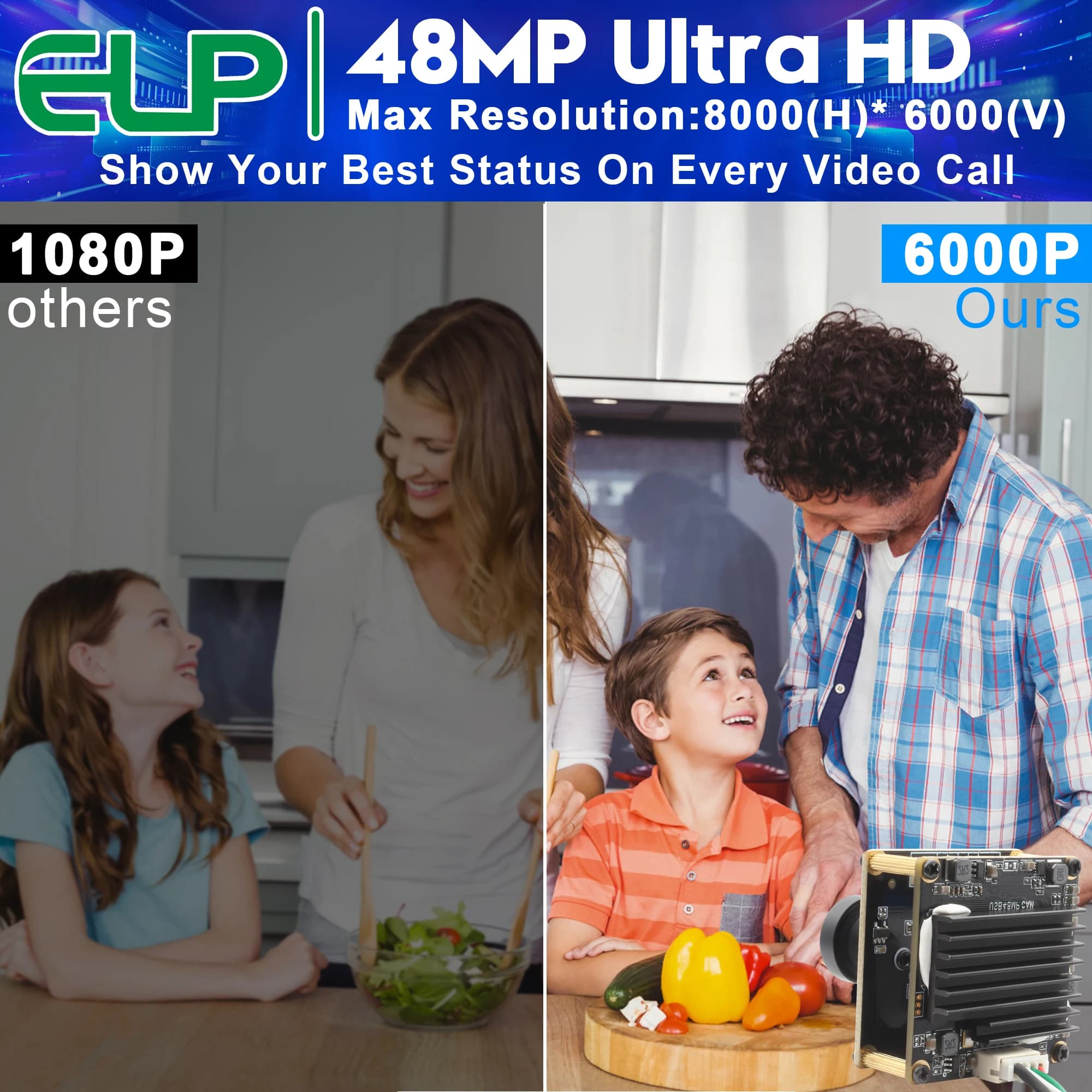 ELP 48MP IMX586 USB Camera Module 8000x6000 4K 30FPS Fixed Focus Webcam with 138° Wide Angle Lens & Mini PCB for Live Streaming