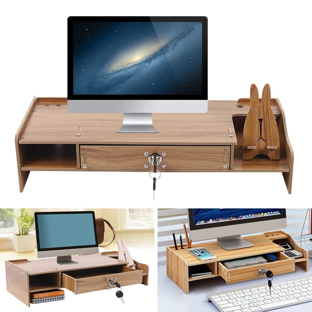 Wooden monitor raised drawer with laptop lock, PC support, desk organizer