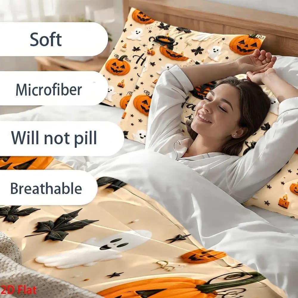 Soft Duvet Cover Set, 1 Duvet Cover + 2 Pillowcases (Without Filling) 2D Flat Printed Duvet Cover Set, Pumpkin Ghost Halloween Theme, Cartoon Illustration Style, Duvet Cover Set, Christmas Decoration, Suitable for All Seasons, Machine Washable, Invisible Zipper, Large Duvet Cover Set, Bedding Set, Quilt Cover
