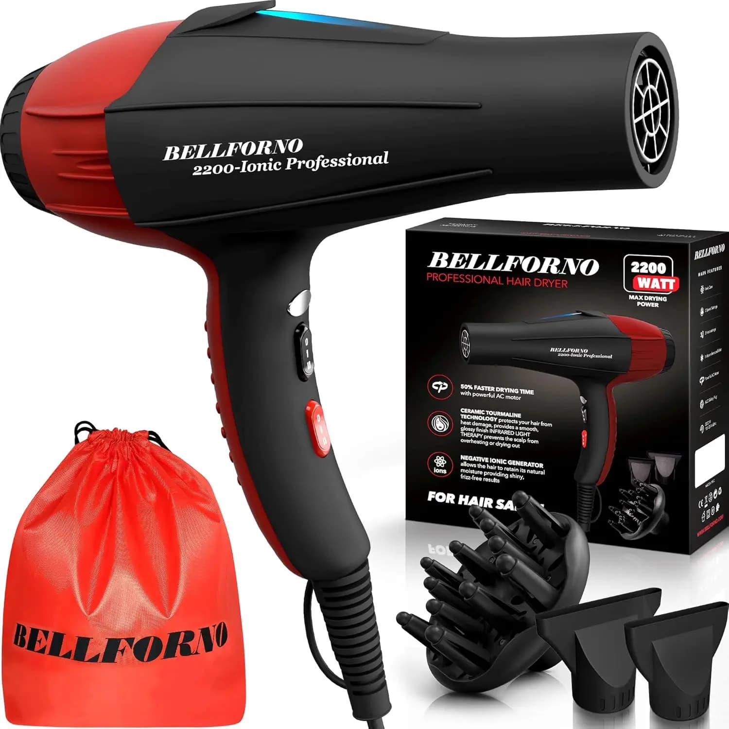 Asciugacapelli Professionale Ionico da Salone, Motore AC 2200W in Ceramica Tormalina, Silenzioso con Diffusore e 2 Beccucci Nero/Rosso