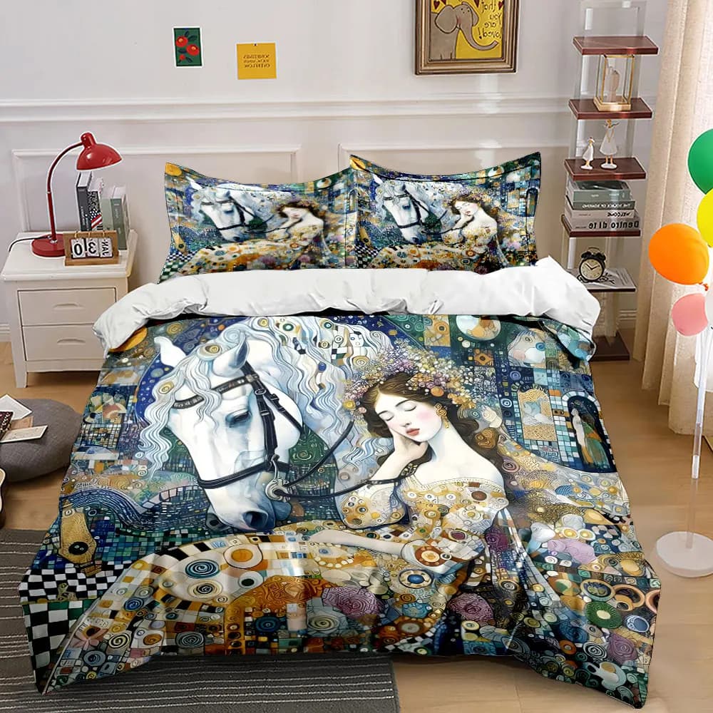 Elegant fantasy horse with woman Duvet Cover Set with 3D Printing Design Soft Polyester Bedding Set All-Season Comfort