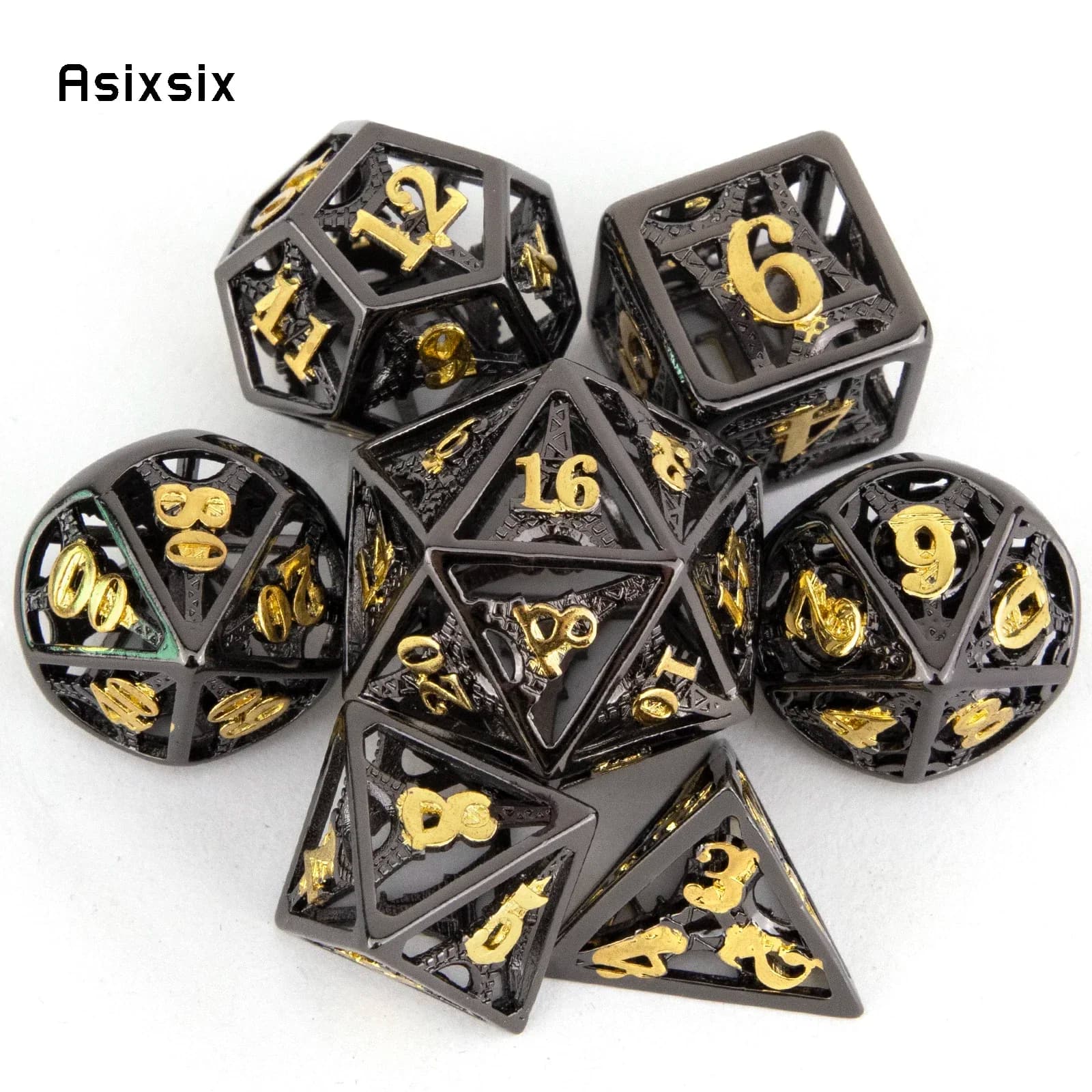 Set di 7 Dadi Metallici Neri e Dorati a Forma di Torre, Dadi Poliedrici in Metallo Cavo Adatti per Giochi di Ruolo, RPG, Giochi da Tavolo e Giochi di Carte