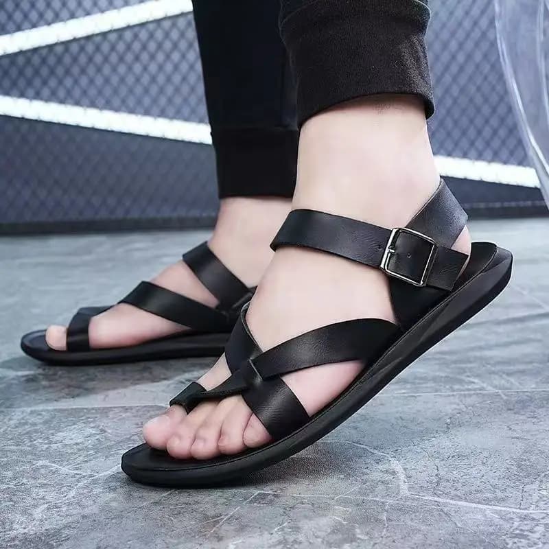 Men Summer New Big Size Pinch The Toe Sandals Soft sole Leather Thin Strap Hollow Flat Sole Velcro Outdoor Beach Sandals