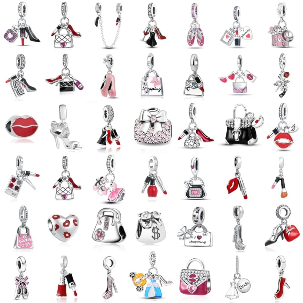Ciondolo in Argento 925 a Forma di Borsa Rossa, Tacchi Alti, Rossetto e Gonna, Compatibile con Bracciali Originali, Accessori per Creazione di Gioielli Fai-da-Te, Regalo per Donne