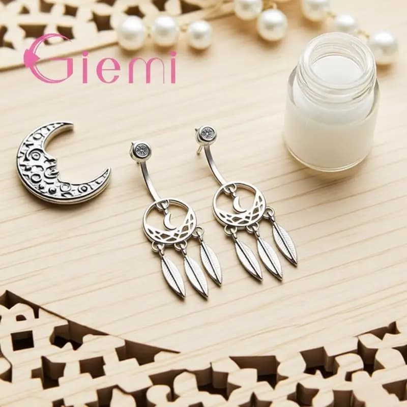 Fine 925 Sterling Silver Dream Catcher Feathers Tassel Drop Earrings for Women Girls Anniversary Party Jewelry Gifts Accessory