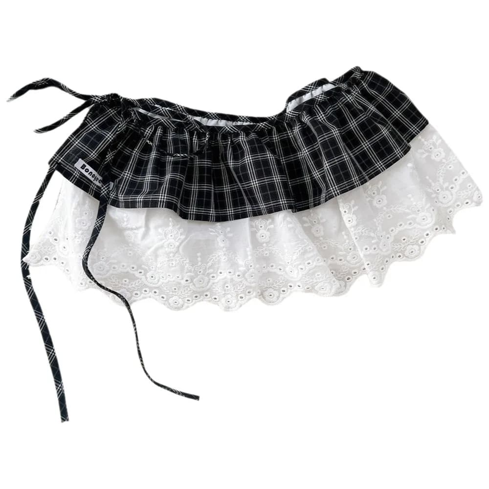 Fashion Balletcore Plaid Fart Curtain Lace Up Stacked Lace Mini Skirts Korean Style High Waist Butt Curtain Women