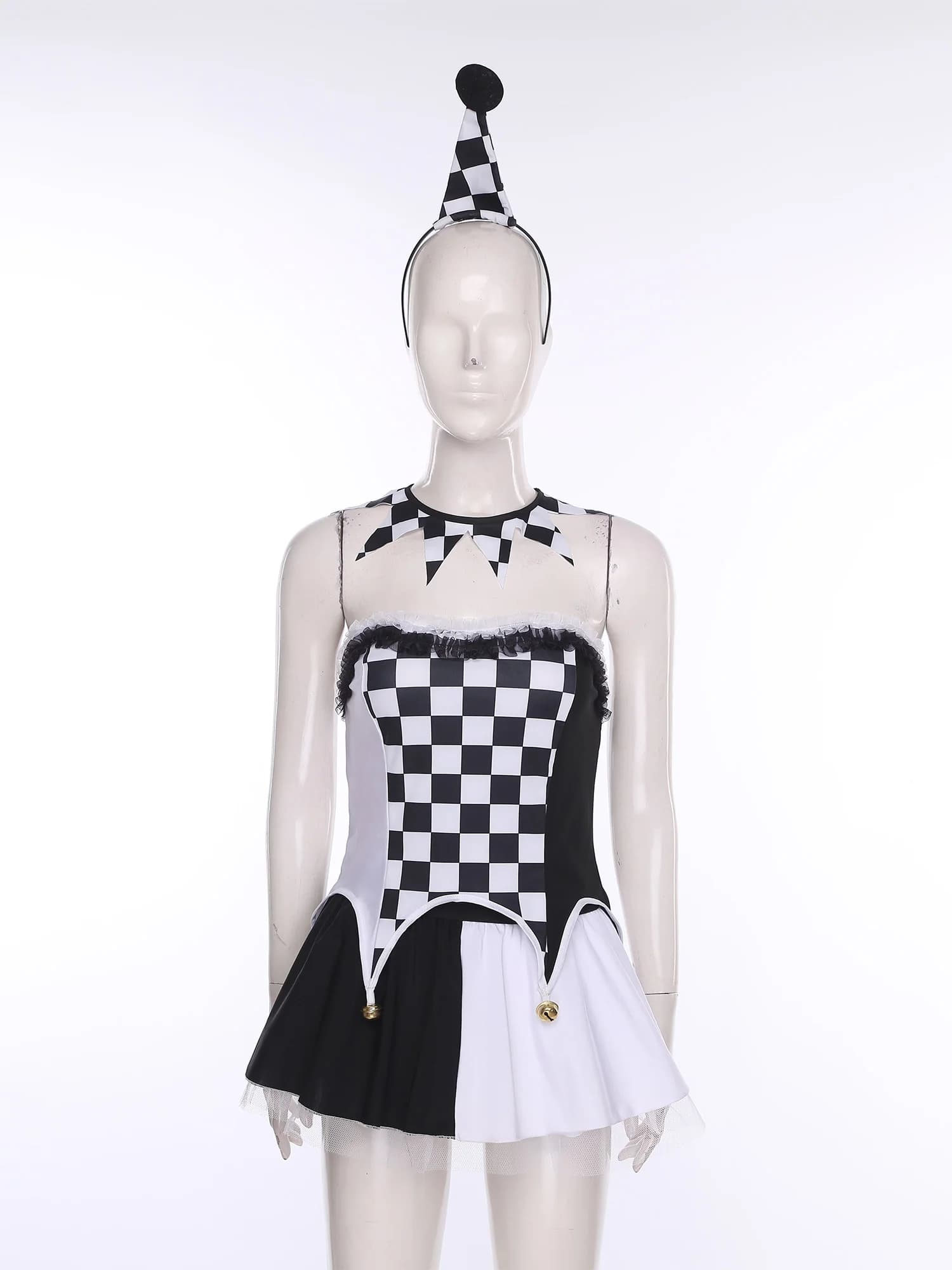 Halloween impertinent clown circus chessboard top with miniskirt, Scottish necklace and trousers for costume cosplay from wicked jester