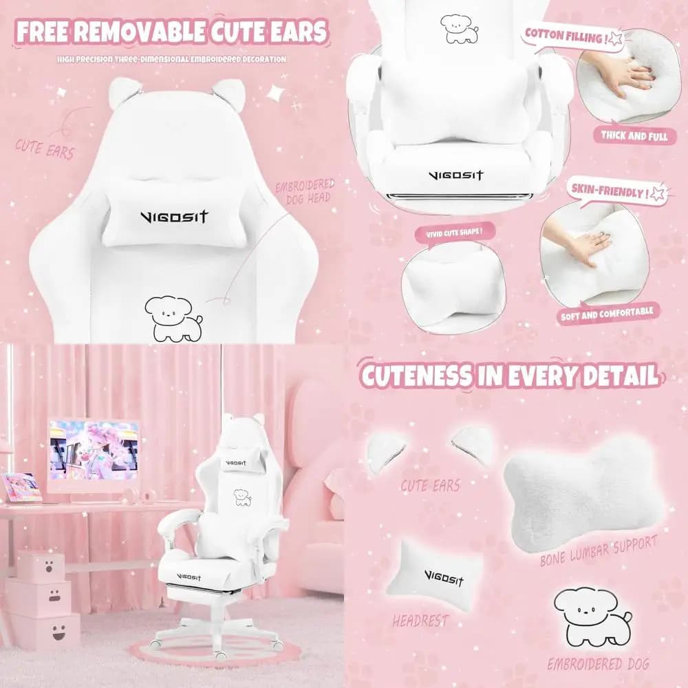 Theme White Gaming Chair Cat with Lumbar Support Bearing for PC and Women Players