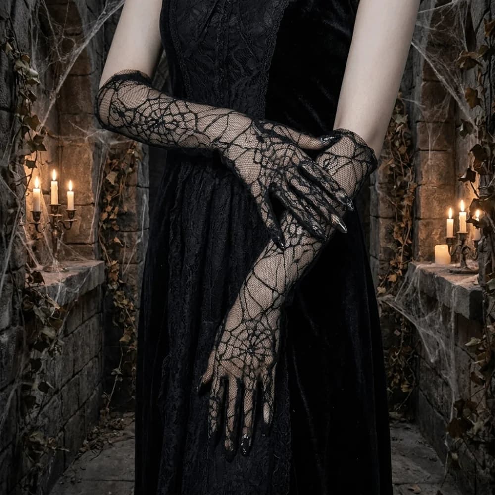 Fashion Solid Color Spider Web Gloves Transparent Mesh Women Driving Gloves Gauze Dark Series Long Mittens Etiquette