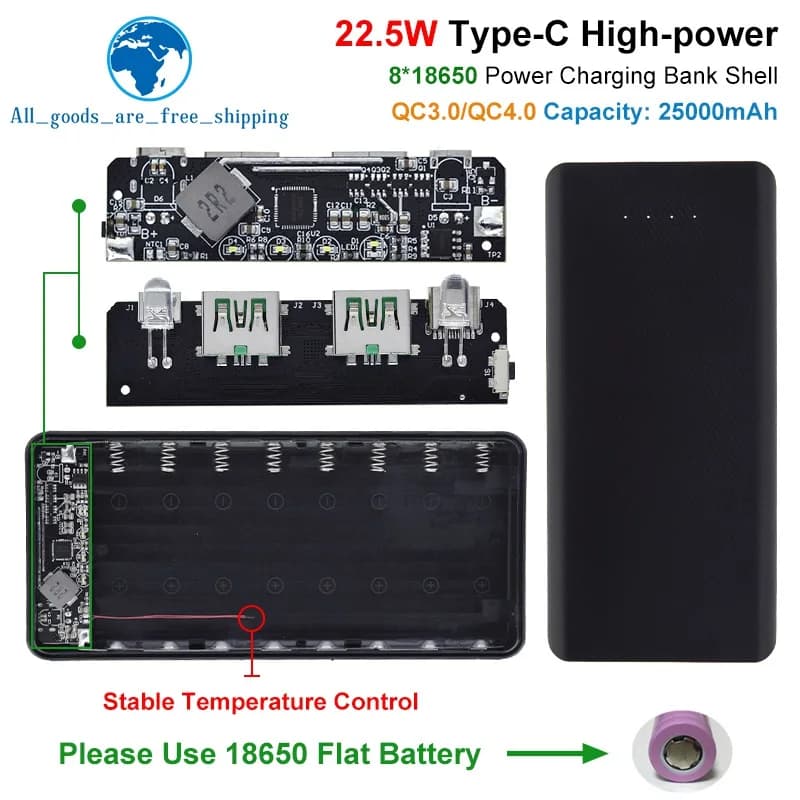 Caricabatterie per Telefono 5V 4.5A 22.5W 25000mAh, Scatola DIY per Power Bank 8*18650, QC4.0 QC3.0, Doppia USB Micro/Type-C