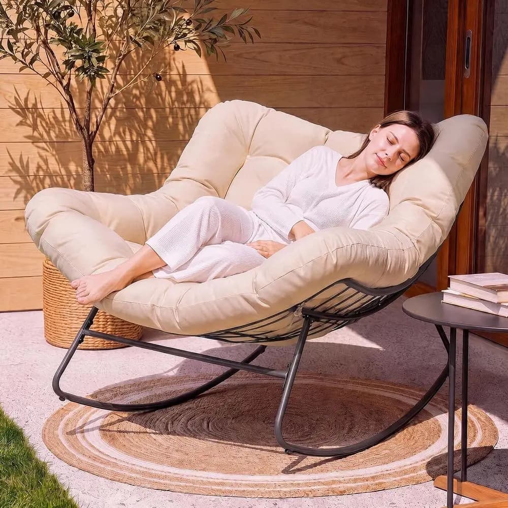 Oversized 450 lbs Capacity Comfortable Patio Rocking Chair with Thick Cushion, Indoor Outdoor Egg Lounger, Beige