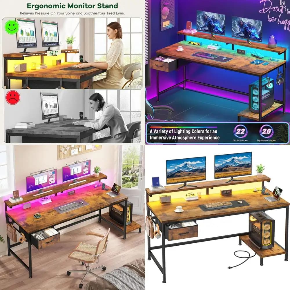 Ergonomics 47.2 desk with Current socket, LED lights and Monitor support for Gaming and Home Office in Rustic Brown