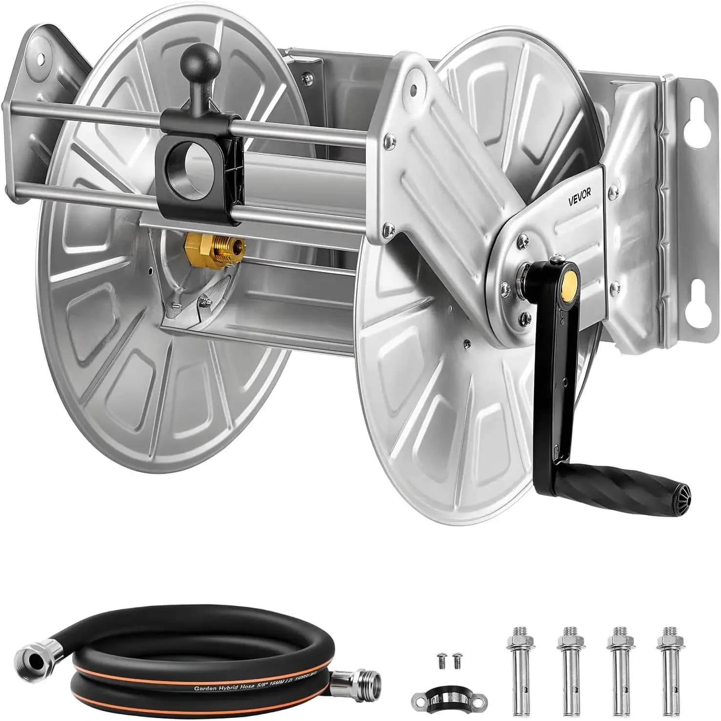 Wall Mounted Garden Hose Reel, Holds 150 ft 5/8-inch Water Hose Winder, Heavy-Duty Stainless Steel, Outdoor Manual Reel with Bra