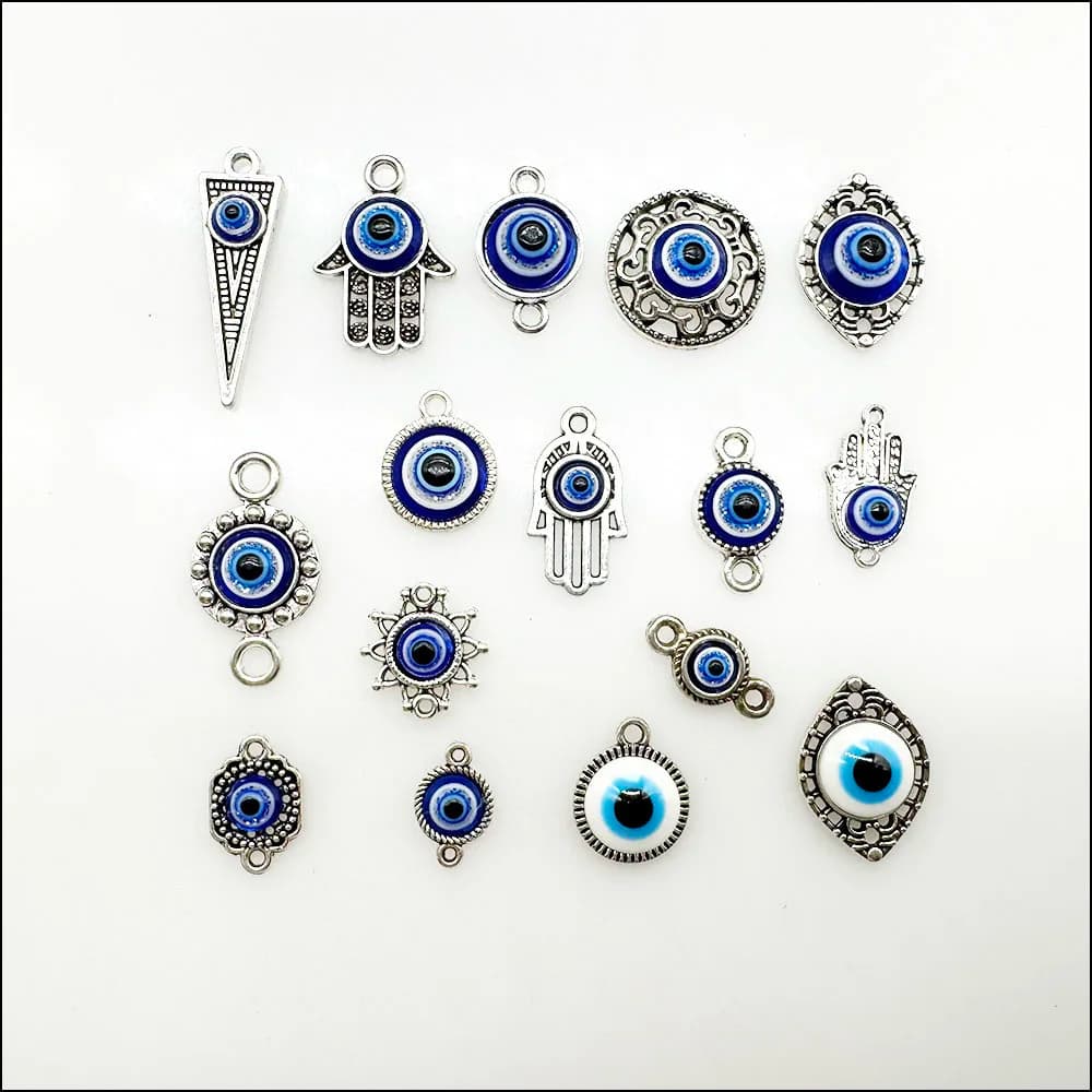 Nuovi connettori a forma di palma ovale con fiori, placcati in argento antico, con occhi in resina blu per la creazione di braccialetti e ciondoli HCJBAB