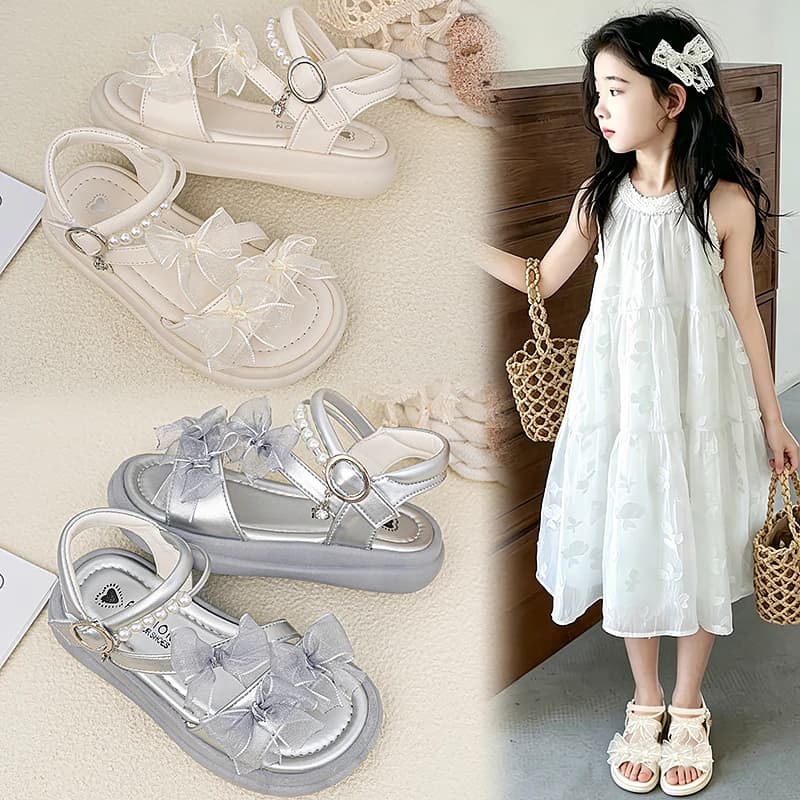 Sandali in Pelle con Fiocco per Bambine 2026 Nuove Scarpe Estive Chunky da Spiaggia Antiscivolo Classiche da Principessa per Feste e Uso Quotidiano