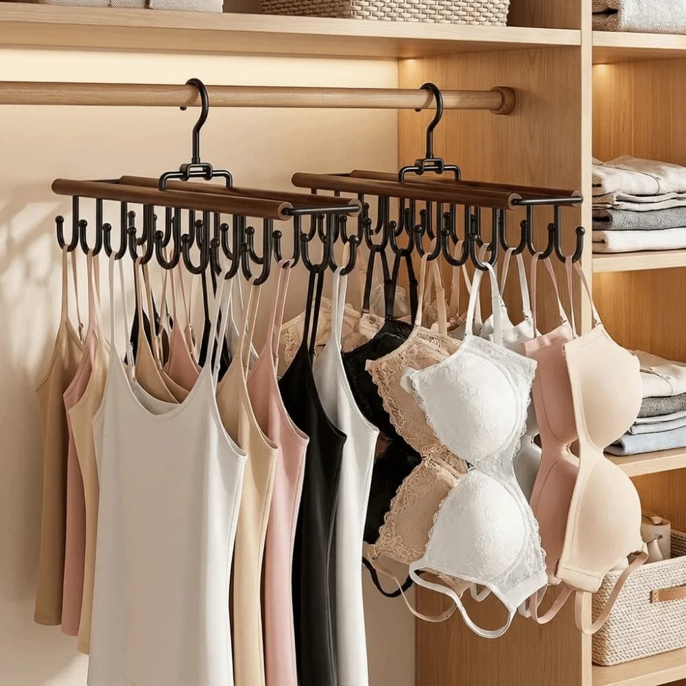 Multi-functional 16 Hooks Double Row Rotating Hook Wood Space Saving Storage Bra Hangers Anti-slip Tie Belt Clothes Rack Wet/Dry