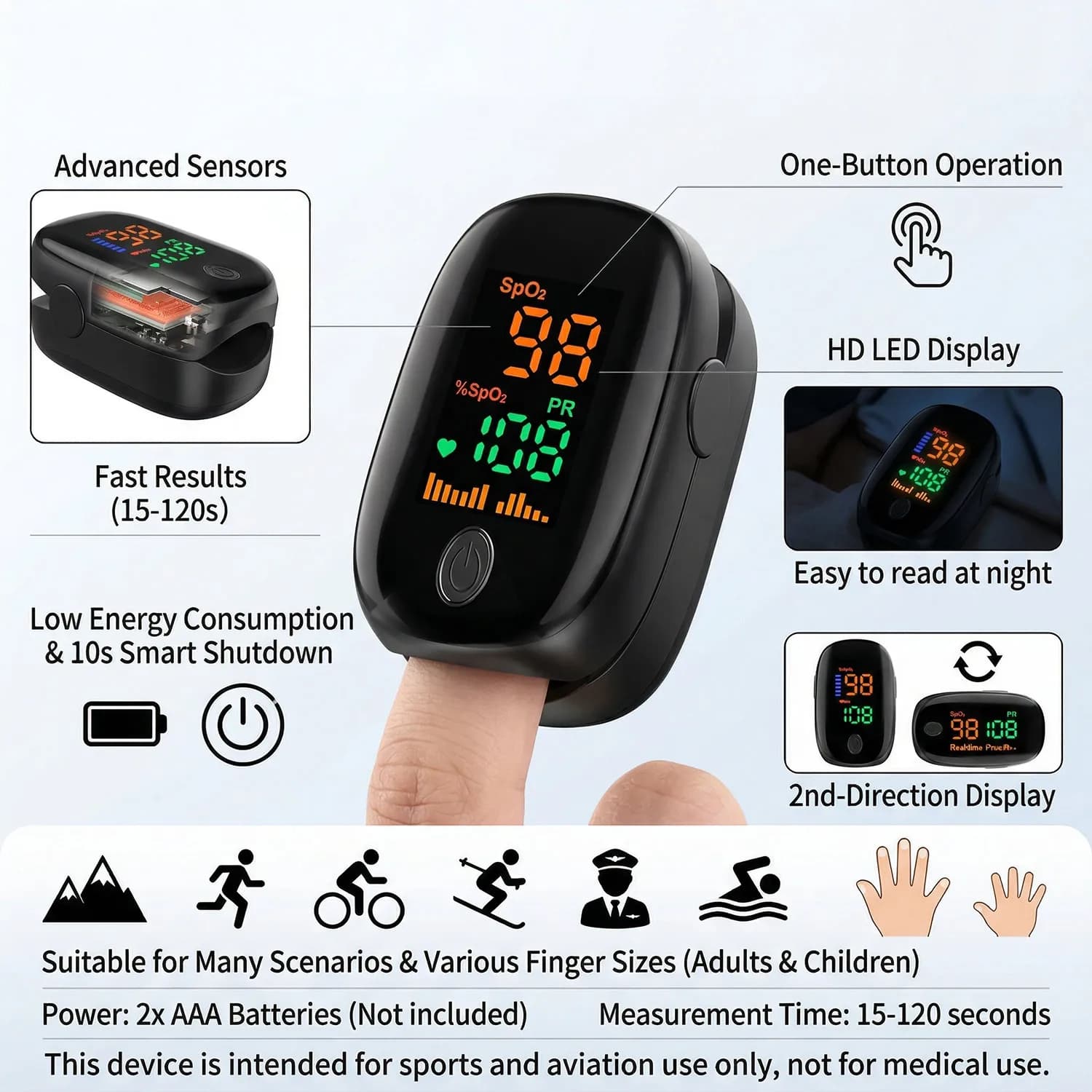 Pulsossimetro da Dito SPO2 PR PI RR, Misuratore di Saturazione dell'Ossigeno nel Sangue, Monitor della Frequenza Cardiaca OLED, Oximetro da Dito