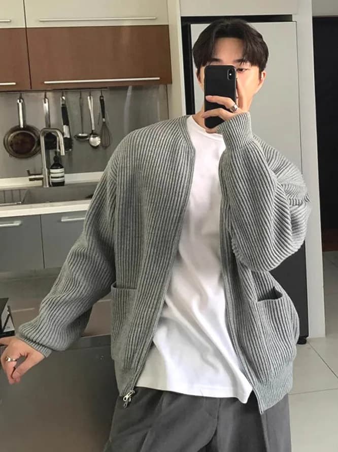 American Retro Zipper Knitted Cardigan Men's round Neck Double Pocket Long Sleeve Sweatshirt Lazy Old Money Style Knit Jacket