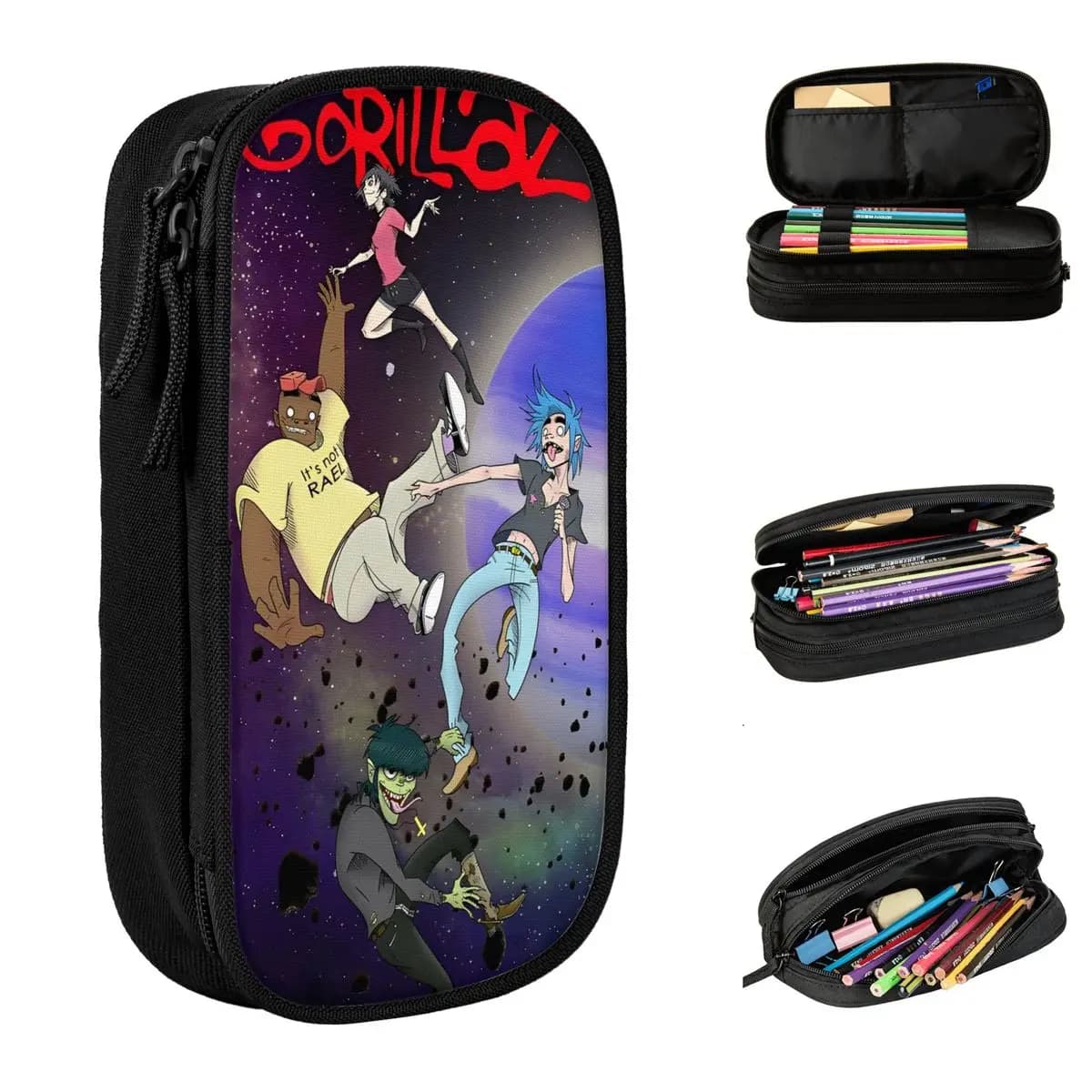 Scatola per penne grande Gorillaz Music Band Accessori per ufficio Astuccio per matite a doppio strato Cancelleria Borsa per trucco da donna Regalo