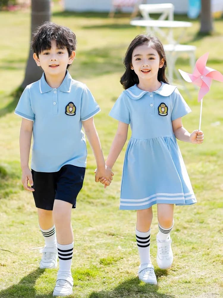 Blue School Uniform Set for Primary And Kindergarten Students Graduation Dress British Style Summer Casual Cotton Suit