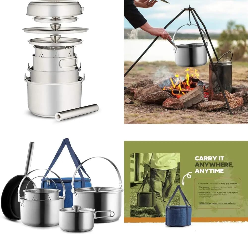 Stainless Steel Camping Kitchen Set 8 Pieces with Padella, Vaporiera and Travel Bag | Ideal for Open Hiking, Camper and Camping