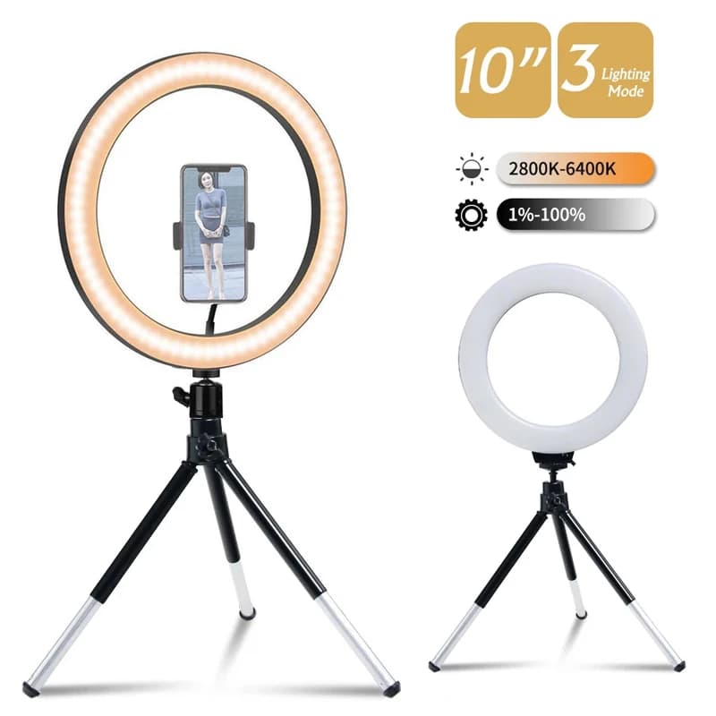 Anello luminoso a LED Fotografia Illuminazione regolabile Anello luminoso per telefono con supporto per treppiede da 20 cm Lampada di riempimento rotonda USB per video telefonico dal vivo