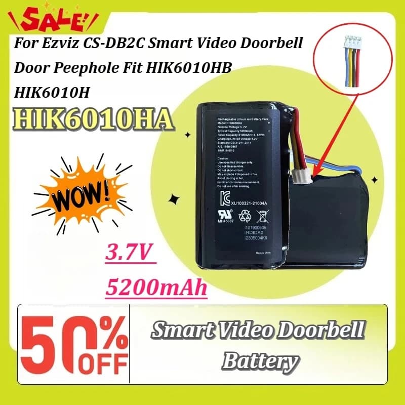 New HIK6010HA 3.7V 5200mAh Rechargeable Li-ion Smart Video Doorbell Battery for Ezviz DB2C CB3 HIK6010HB Replacement Battery