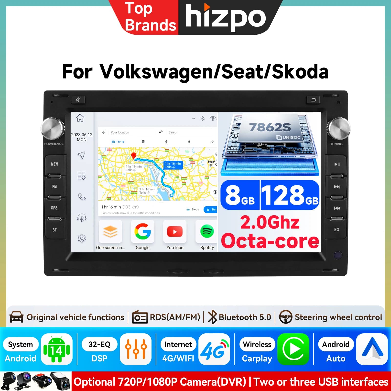 Hizpo 7" Android Car Radio for Vw Volkswagen Passat B5 Mk4 Mk5 Golf 4 Polo Bora Jetta T5 Wireless for Apple Carplay Auto Ips Screen Stereo Multimedia Video Player Automotive Smart Intelligent Systems 2 Din Autoradio Head Unit Bt Gps Fm Dsp Rds Swc Dab+ AI