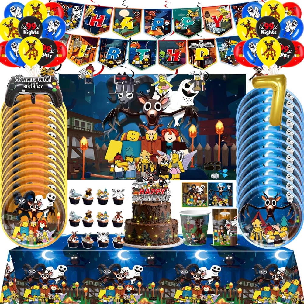 ROBLOX 99 Nights In The Forest Birthday Party Decor Tableware Plate Bag Balloon Cake Topper Backdrop Game Kids Party Supplie Set