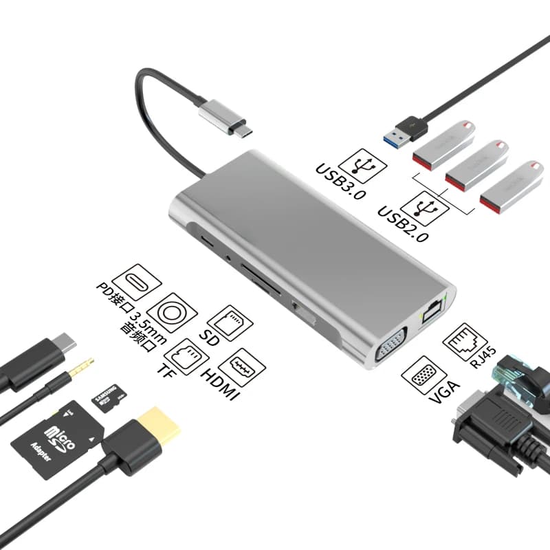 Usb Hub Powered Usb Hub BASIX 11 in 1 HD-MI VGA PD RJ45 USB3.0 SD TF Docking Station