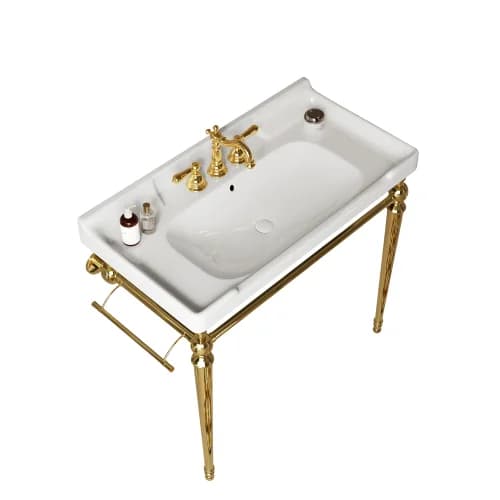 Lavabo da Appoggio in Acciaio Inossidabile con Gambe di Supporto e Portasciugamani / Lavabo Consolle da Bagno da 36 Pollici, Mobiletto Sottolavabo in Ceramica Bianca Montato a Parete