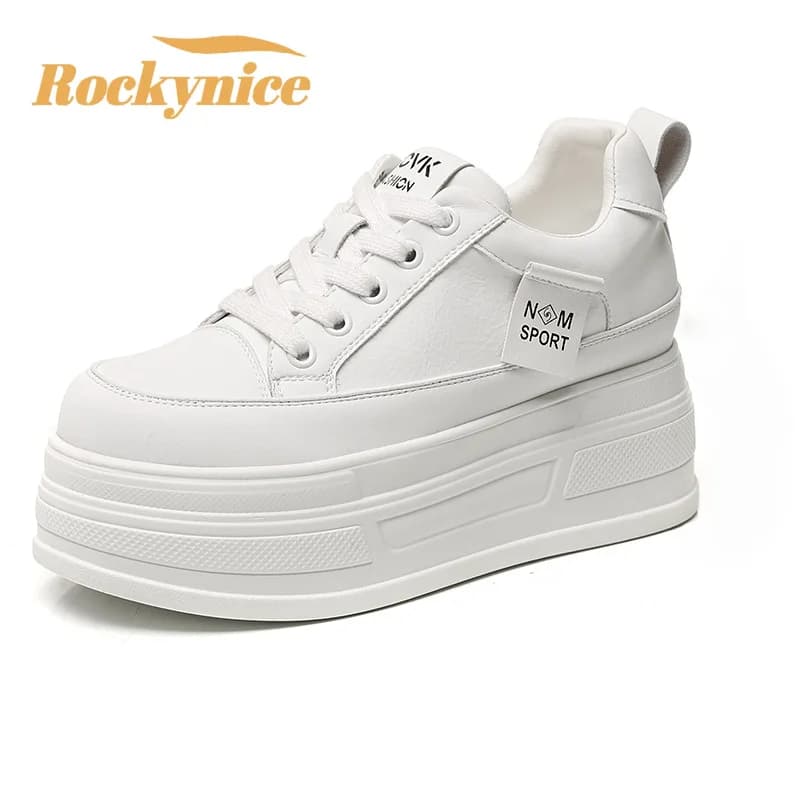 High Platform Sneakers for Women New 2026 Spring Casual Sports Shoes White Shoes 8CM Wedge Heels Genuine Leather Walking Shoes