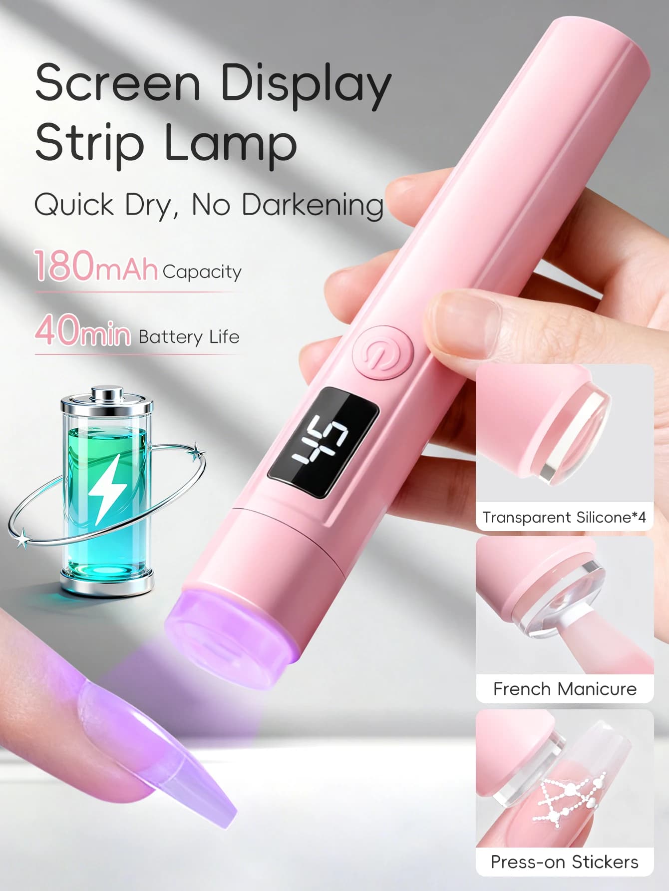 Portable UV lamp for nail art with 1 piece pink display for nails in gel, mini nail light, portable LED nail lamp, USB nail dryer