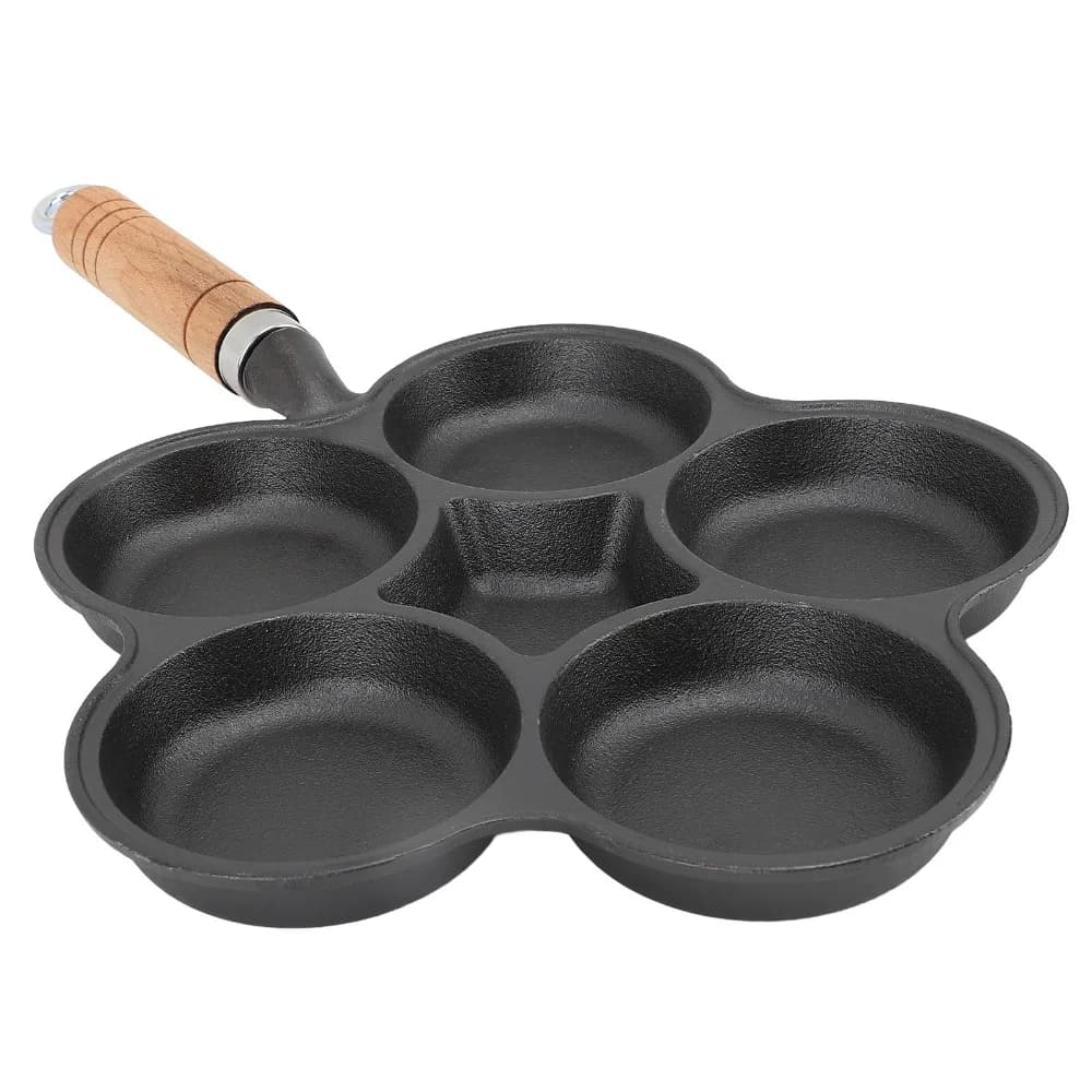 Padella in ghisa per uova a 5 scomparti, non rivestita, con manico in legno, riscaldamento rapido, per omelette, uova, bistecche, hamburger, pancake