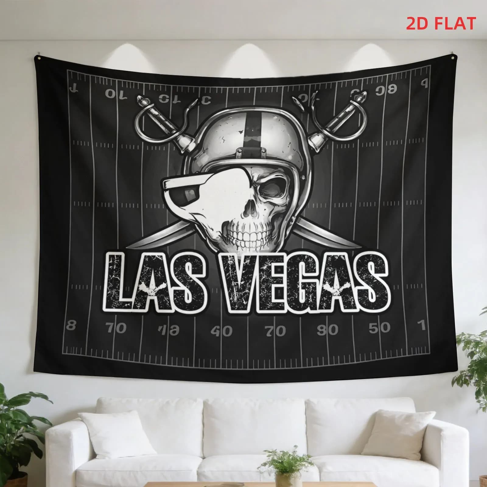 Las Vegas Football Skull Tapestry, Black & White Raiders Style Skull with Helmet & Swords Print Wall Hanging for Sports Fan Room