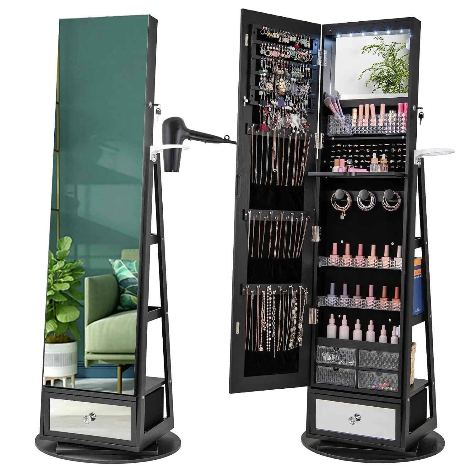 360° Swivel Jewelry Cabinet 64.5"H, Full Mirror LED Lockable Storage, Rear Shelves, Drawer, Hairdryer Holder, Customized