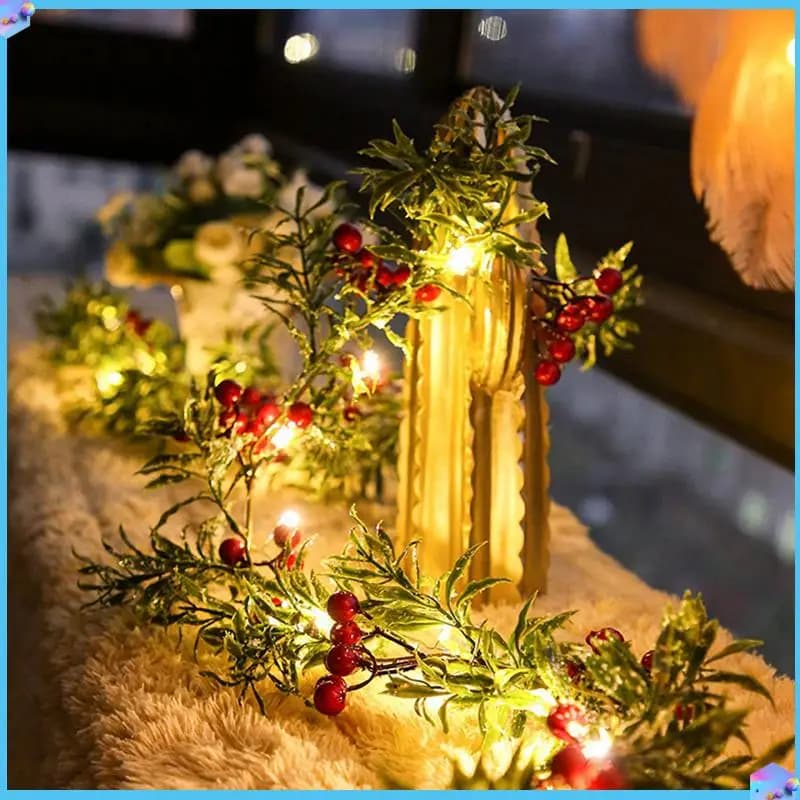 A43T 2 pezzi 2 metri 20 LED stringa di luce esterna foglie di pino di Natale luce di bacche LED filo di rame fata ghirlanda lampada da patio
