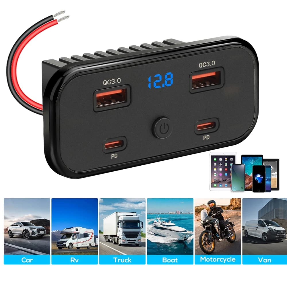 96W 4/6 Ports PD3.0 & QC3.0 Fast Charging Socket 12V-24V Car Charger Power Adapter with Switch Voltage for Car Truck, RV, Marine