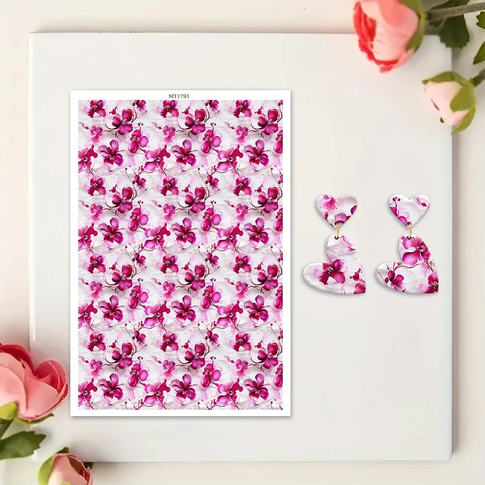 Carta per Trasferimento ad Acqua con Motivo Fiori di Ciliegio Rosa per Argilla Polimerica, Foglio per Trasferimento Floreale per Orecchini Fai-da-Te