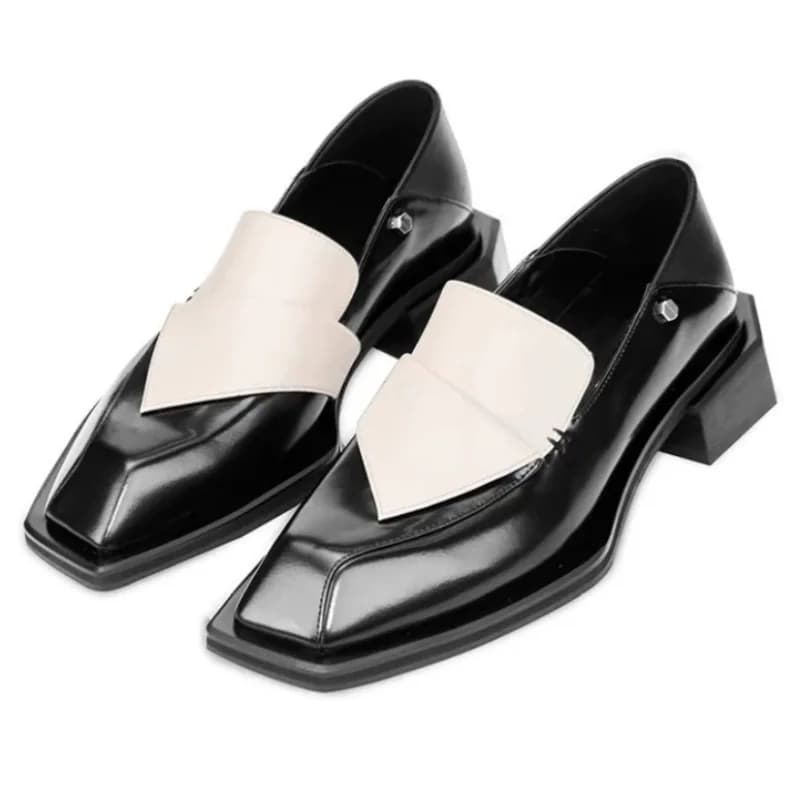 Novel Rivet Detail Low-heel Pumps for Women Fashion Square Toe Mixed Color Design Chunky Heel Loafers Street Style Casual Shoes