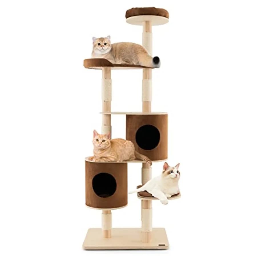 Albero per Gatti Alto 75 Pollici per Gatti da Interno, in Legno di Gomma Naturale Massiccio, con Tiragraffi in Sisal, Postazione Superiore e Struttura Staccabile