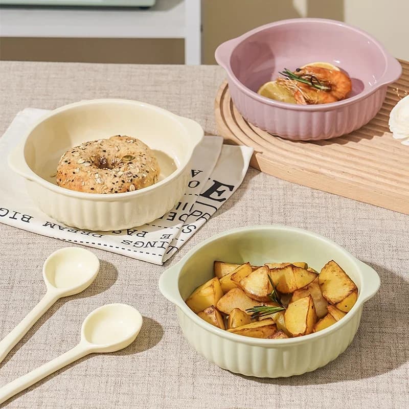Double Handle Ceramic Bowl for Air Fryer, Special for Home Microwave Oven