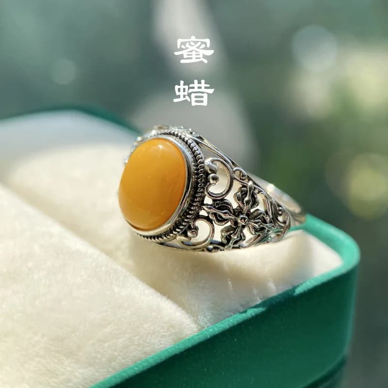 Natural Chicken Oil Yellow Ring Wide Band, S925 Silver With Hollowed-Out Scrollwork Pattern Amber