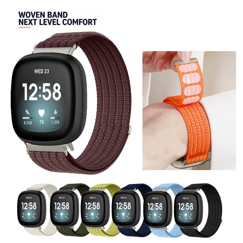 Breathable Velcro Band Sport Nylon Loop Strap+Connector For Fitbit Versa 4 3 / Sense 2 1 / Versa Lite 2
