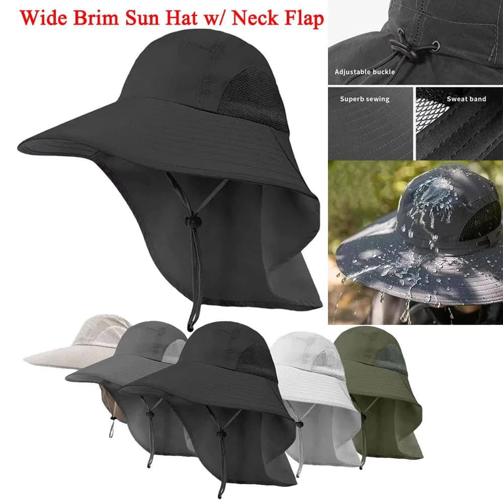 Cappello Estivo da Esterno con Protezione UV e Patta per il Collo, Cappello da Pesca a Tesa Larga con Cinturino Regolabile Antivento per Escursionismo e Campeggio