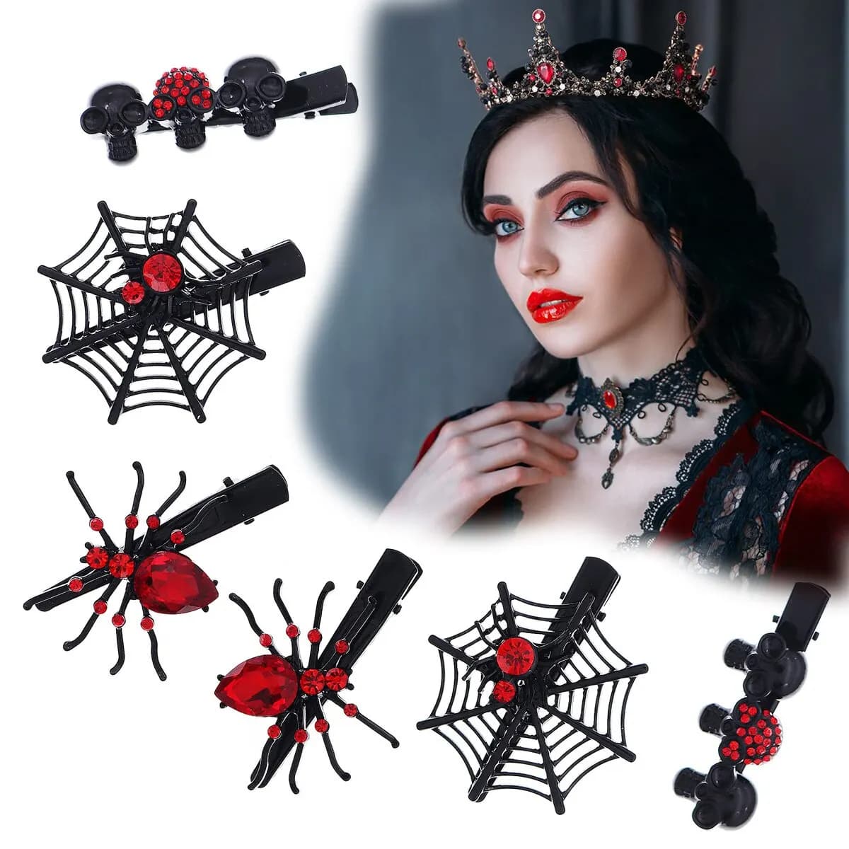 Punk gotico Ragno nero Animale Pipistrello Teschio di Halloween Anello da dito aperto Anello da festa Orecchino Fermaglio per capelli Corona Tiara Gioielli per capelli